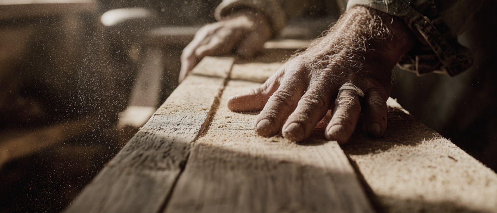 A man’s hands steadying a rough sawn board on a workbench, sawdust in the window light