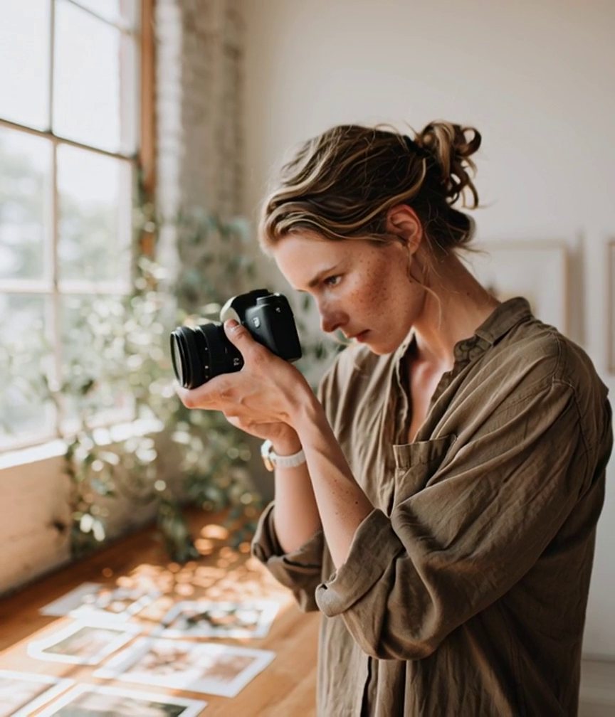 A photographer at a window in low golden light, olive linen against cream walls and warm timber