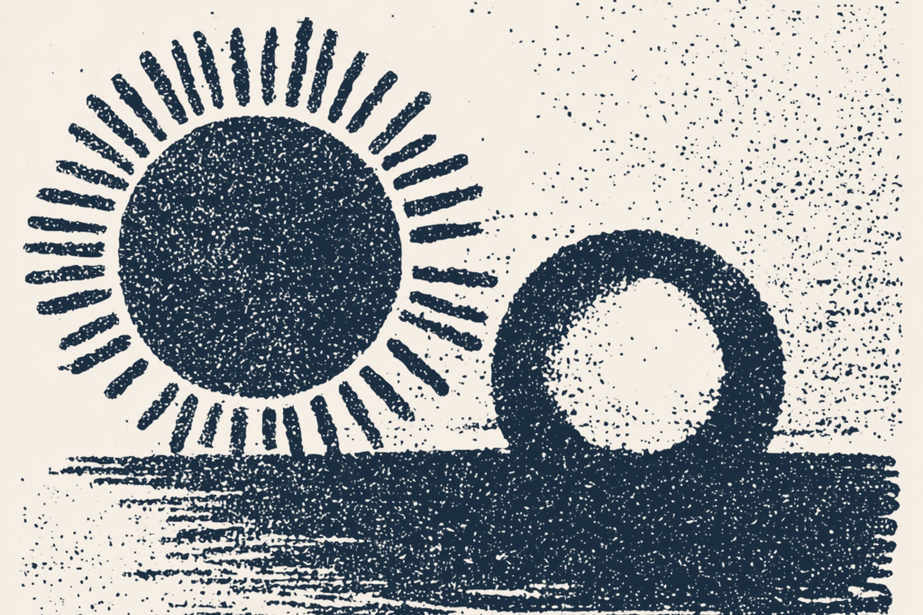 An engraving of two suns rising over the sea