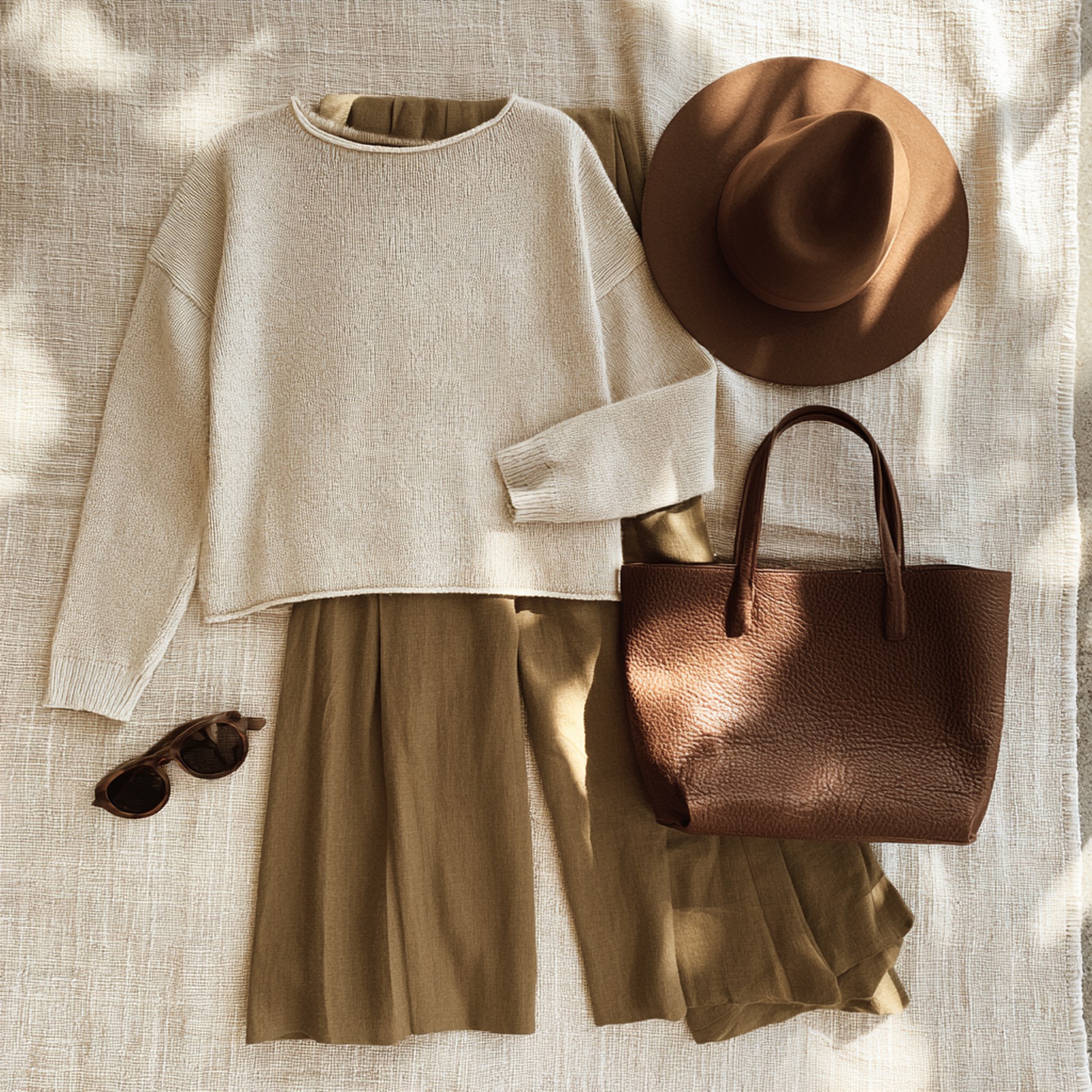 A cream knit jumper, olive linen trousers and a brown leather tote laid out side by side on linen in dappled light